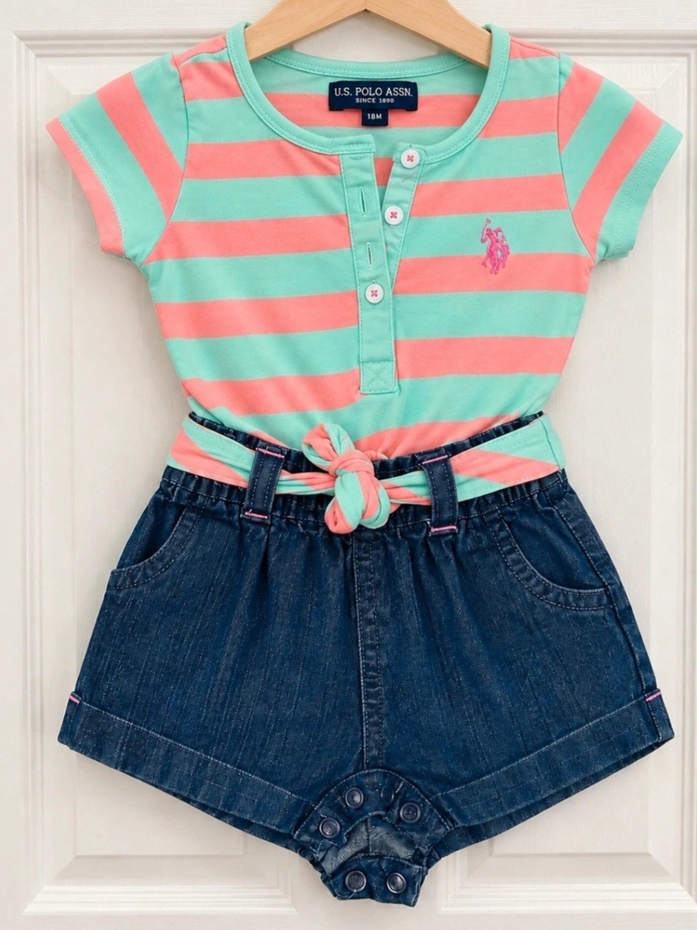 U.S. Polo Assn. Mint and Coral Striped Henley Romper with Denim-Style Bottom